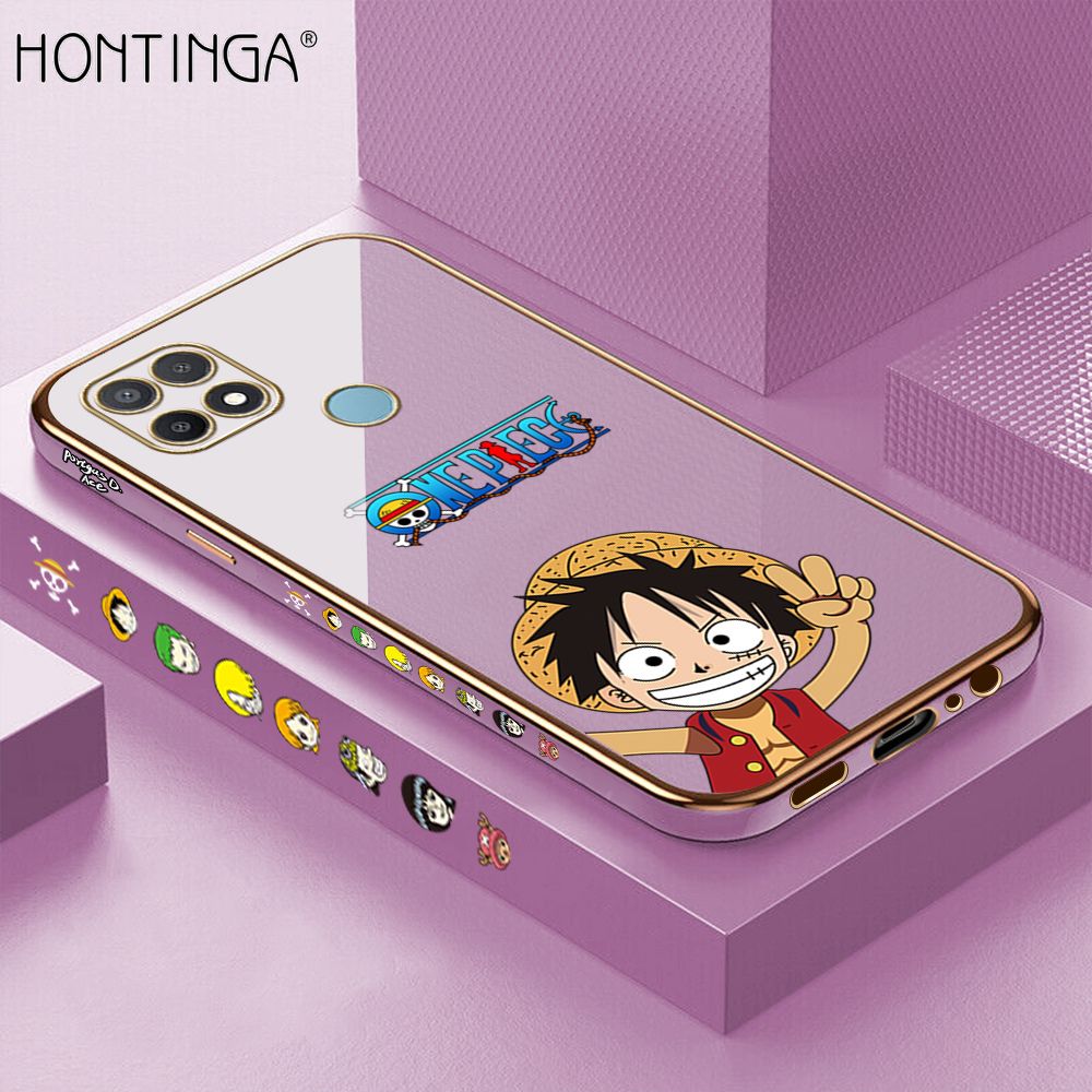 Hontinga for OPPO A15S Case Luxury 6D Plating Soft Casing Silicone Square Frame Phone Cover Shiny Bling Side Print Anime Cartoon Happy Luffy Cases
