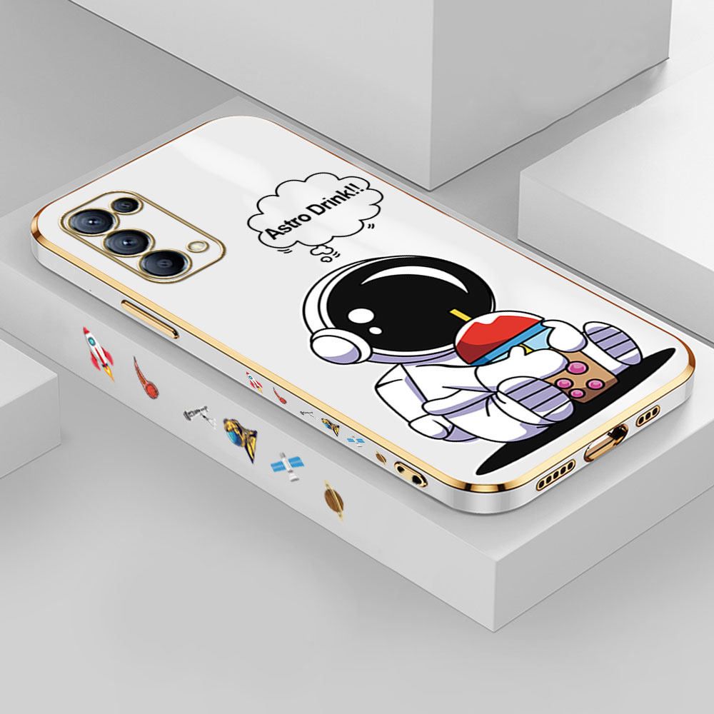 Jizetin (Free Lanyard) OPPO Reno5 5G Case Cute Cartoon Drink Astronaut Luxury 6D Plating Soft Casing Silicone Ultra Thin Phone Cover