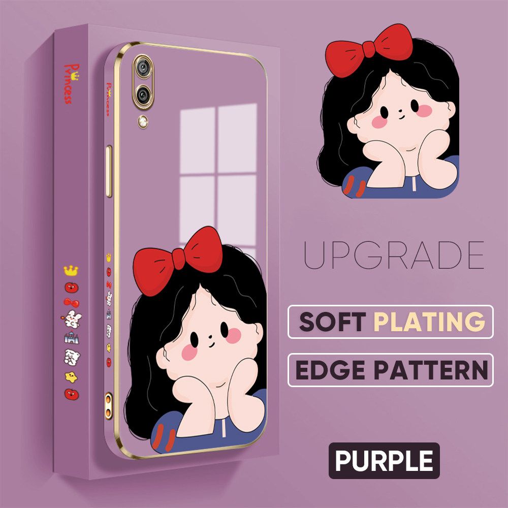 TA for Honor Y7 Pro 2019 Back Cover + Free Lanyard Cute Princess Luxury 6D Plating Case Side Pattern Soft Silicone Square Phone Cases