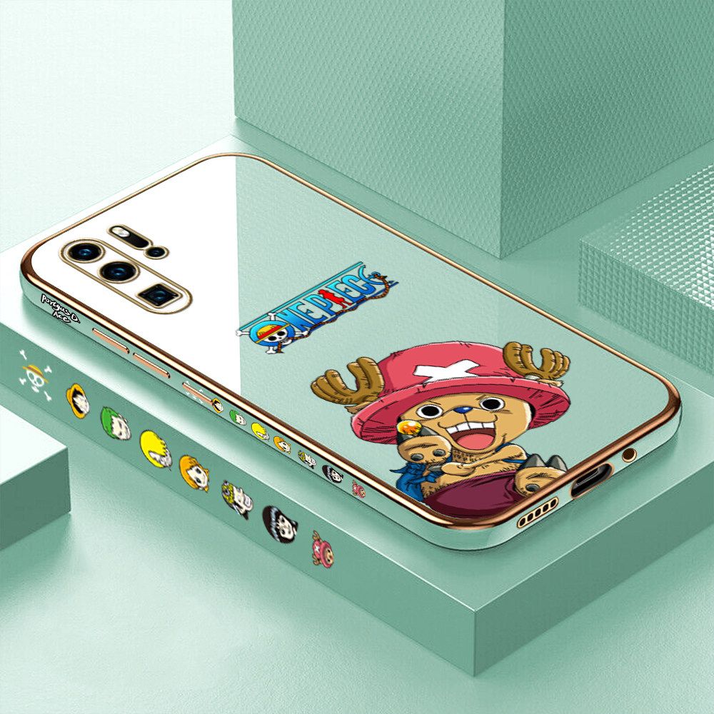 Luxury 6D Plating Case for Huawei P30 Pro Cartoon Anime Choba Side Pattern Back Cover Soft Silicone Square Frame Shiny Bling Phone Cases + Free Lanyard