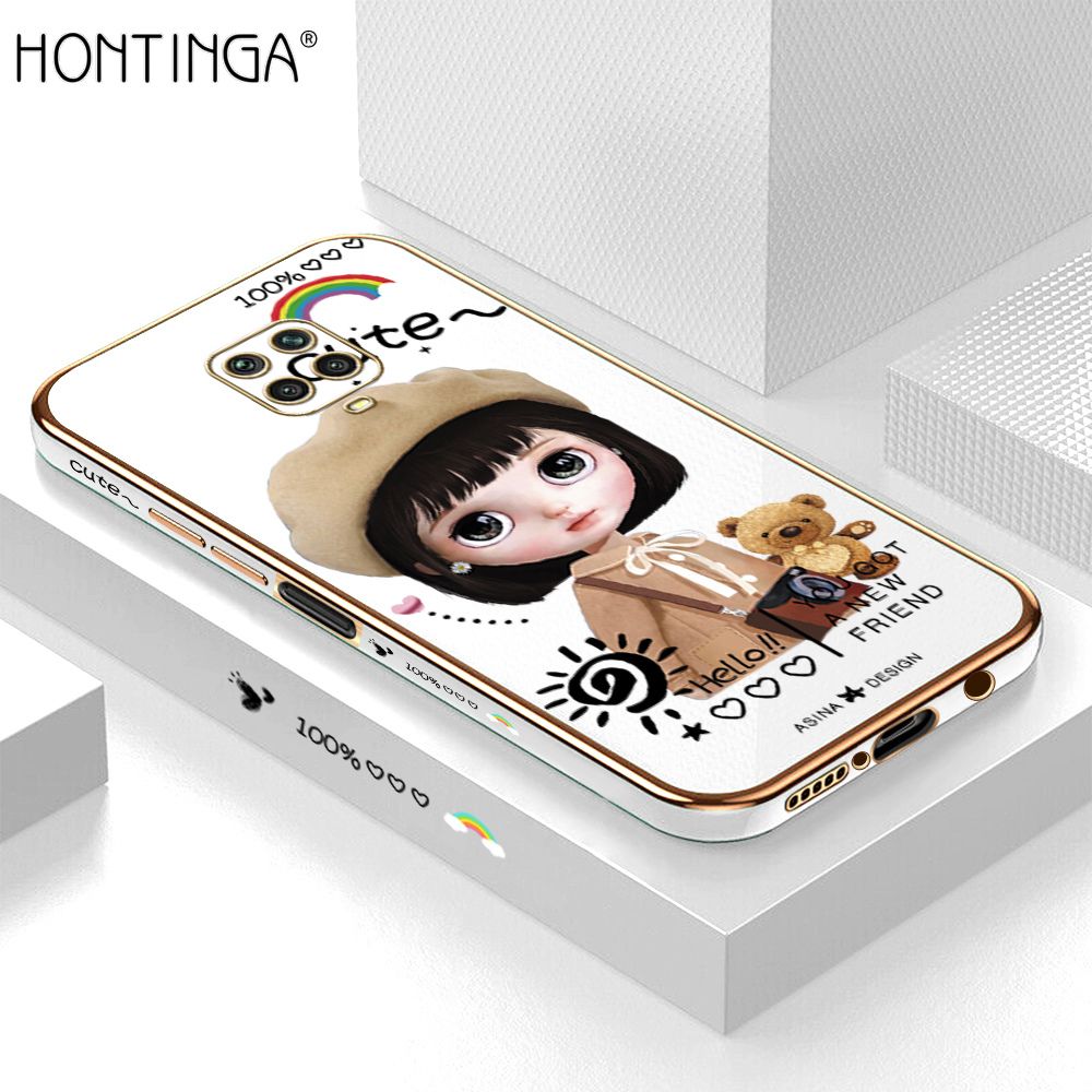 Hontinga for Redmi Note 9S / Note 9 Pro / Note 9 Pro Max Back Cover + Free Lanyard Luxury 6D Plating Cute Satchel Girl Side Pattern Case Soft Silicone Square Mobile Cover