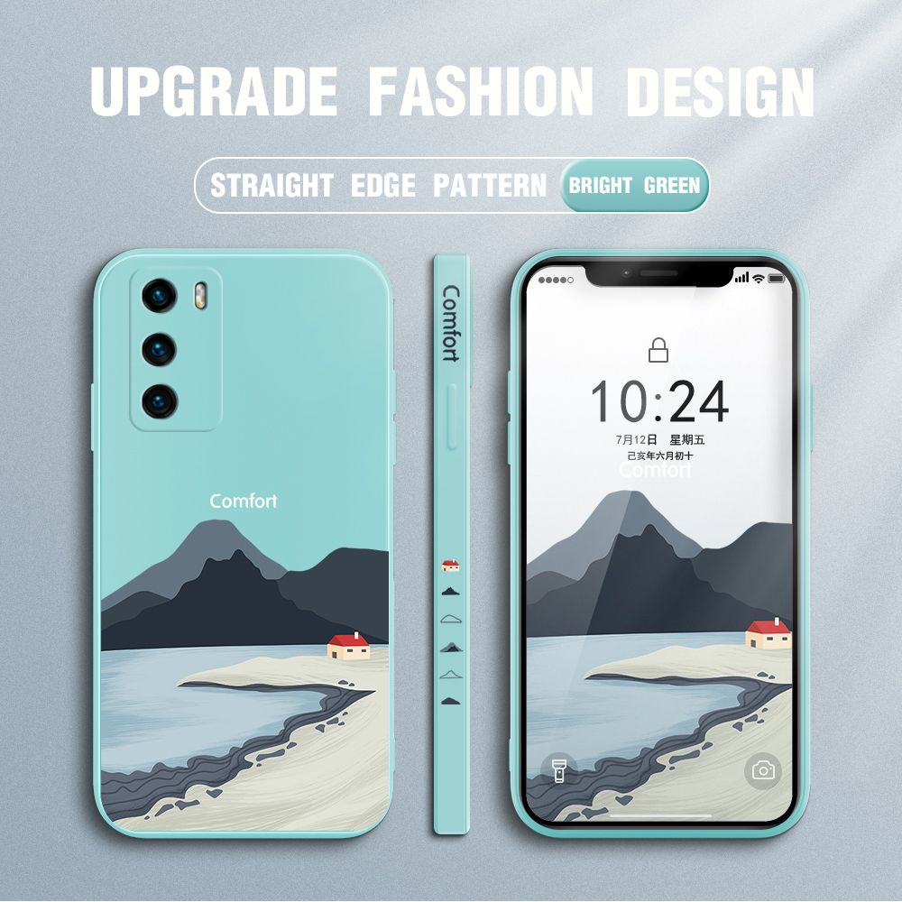 Jizetin for Huawei P40 Case Mount Fuji Design Side Design Phone Case Square Edge Pattern Liquid Silicone Cases Full Cover Camera Shockproof Protective Case