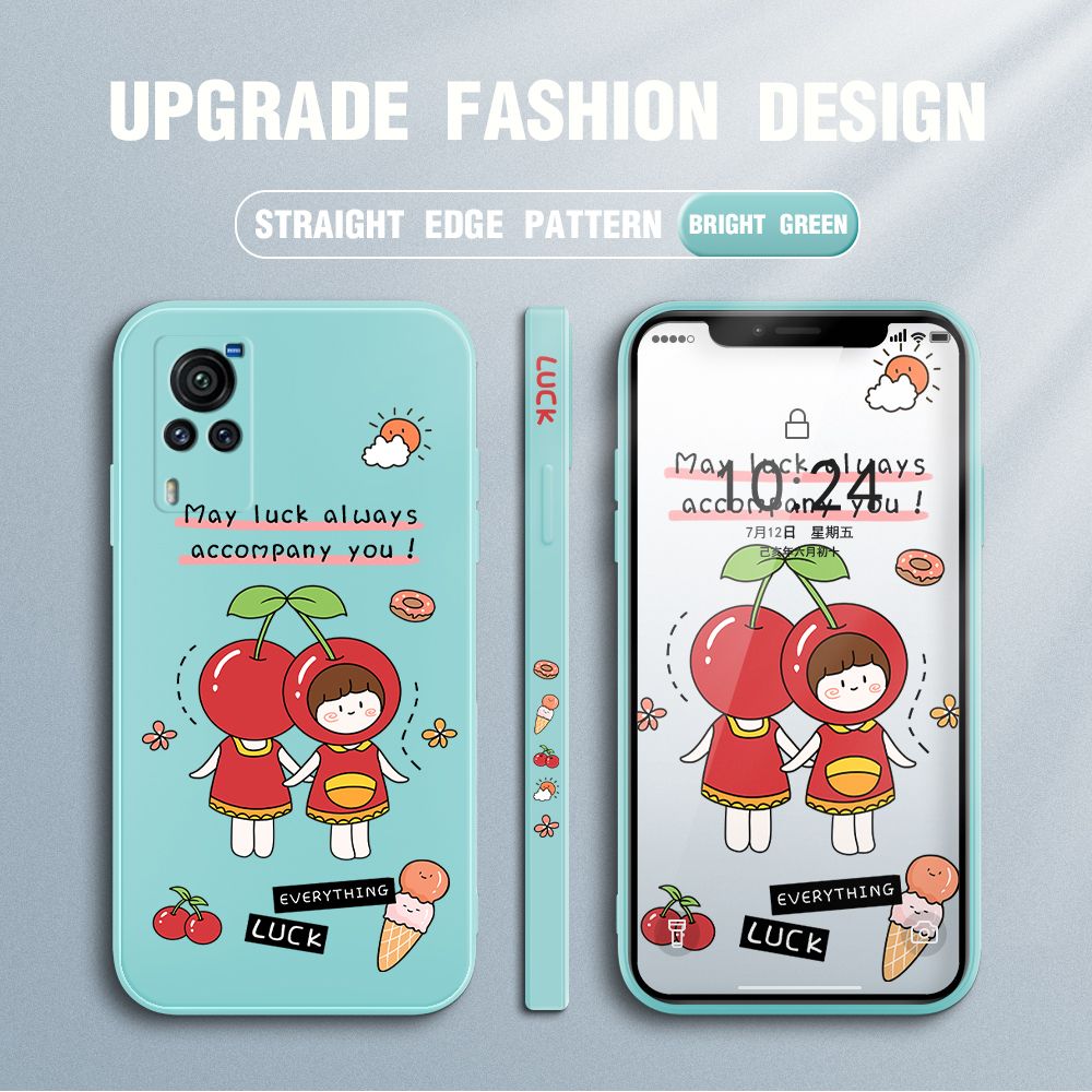 Jizetin for Vivo X60 Pro 5G Case Fashion Cherry Girl Design Side Design Phone Case Square Edge Pattern Liquid Silicone Cases Full Cover Camera Shockproof Protective Case
