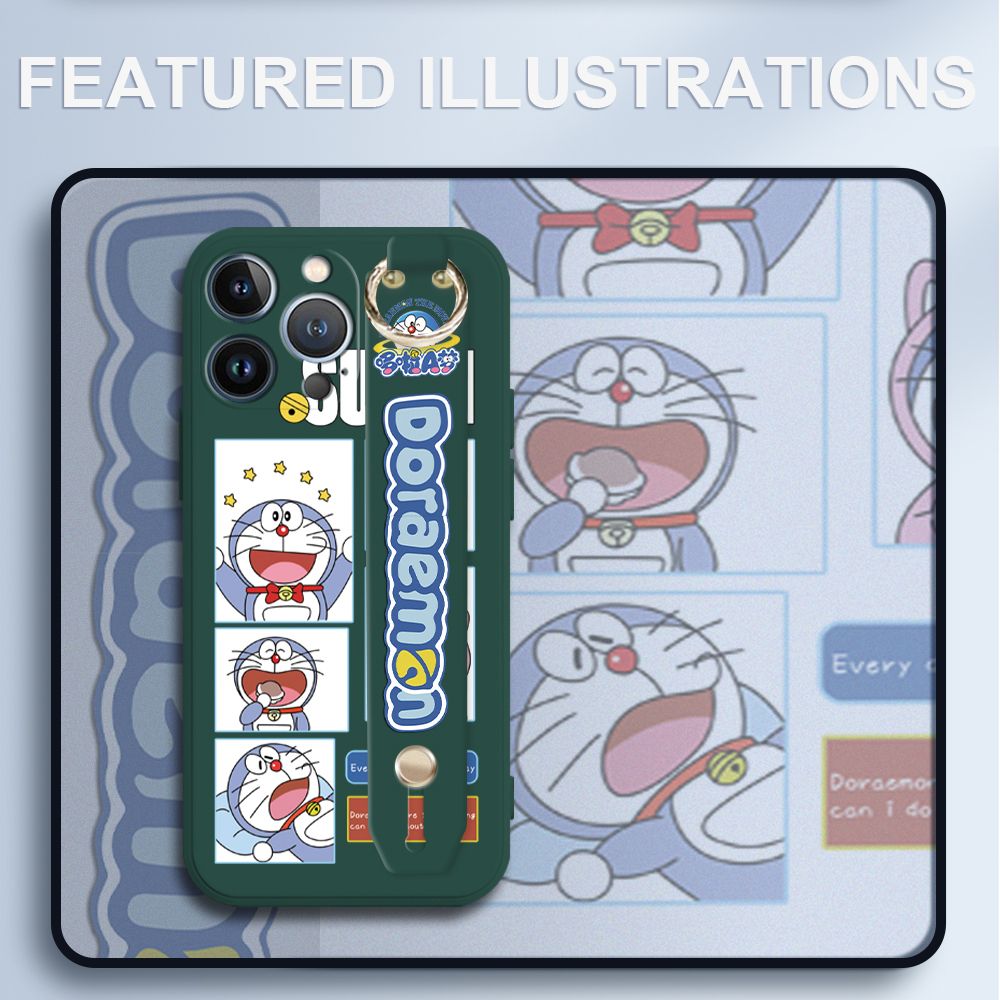 UCUC for iPhone 13 Pro Max Wrist Strap Case Creative Cartoon Doraemon's Daily Life Cover Ultra Thin Anti Fall Liquid Silicone Phone Case