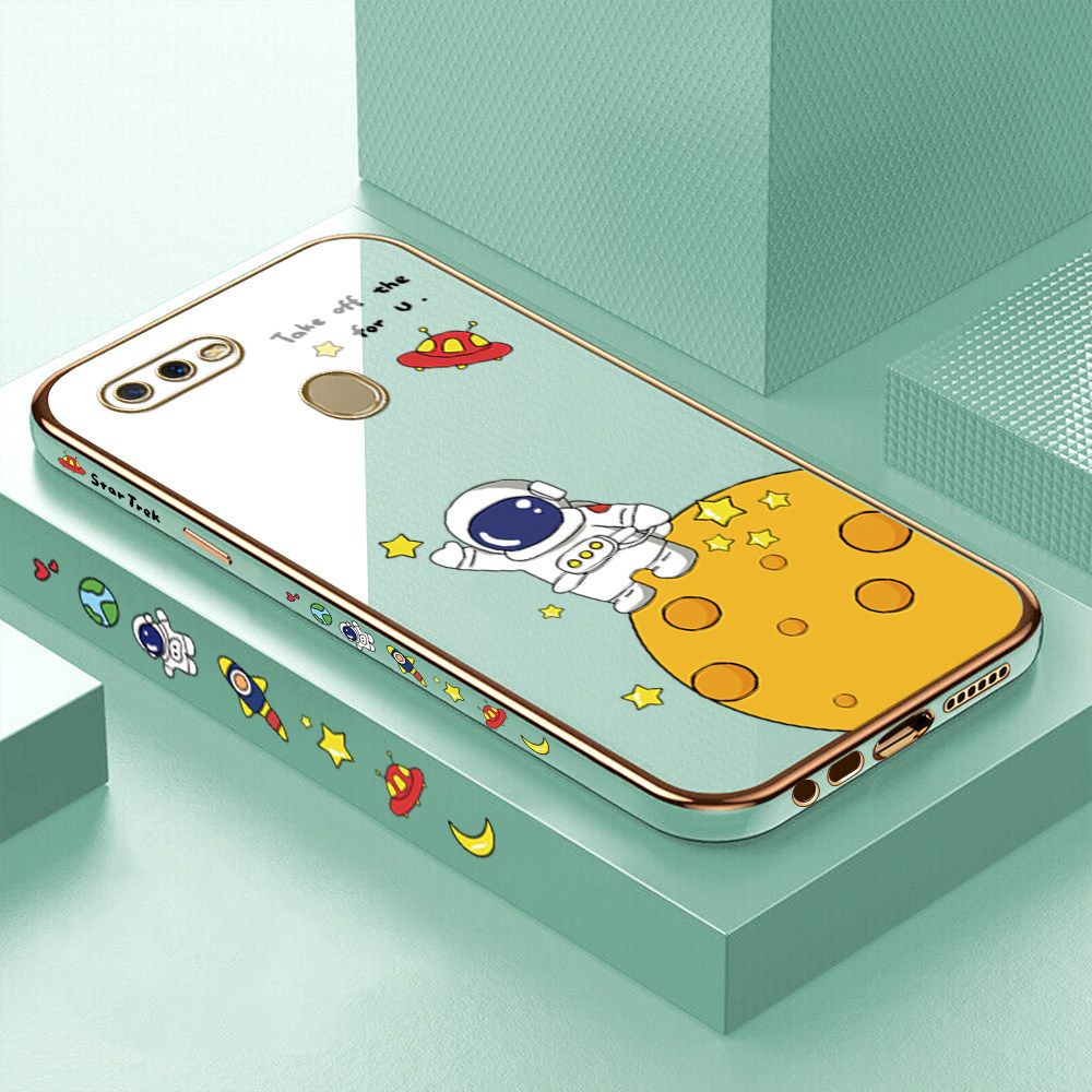 Luxury 6D Plating Case for OPPO A5S Cute Cartoon Happy Astronaut Side Pattern Back Cover Soft Silicone Square Frame Shiny Bling Phone Cases + Free Lanyard