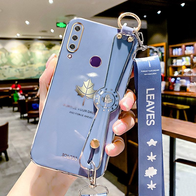 For Huawei Y6P Back Cover with Lanyard + Wristband Fashion Shiny Maple Leaf Plating Bumper Stand Holder Case Camera Protection Soft Silicone Mobile Phone Cases