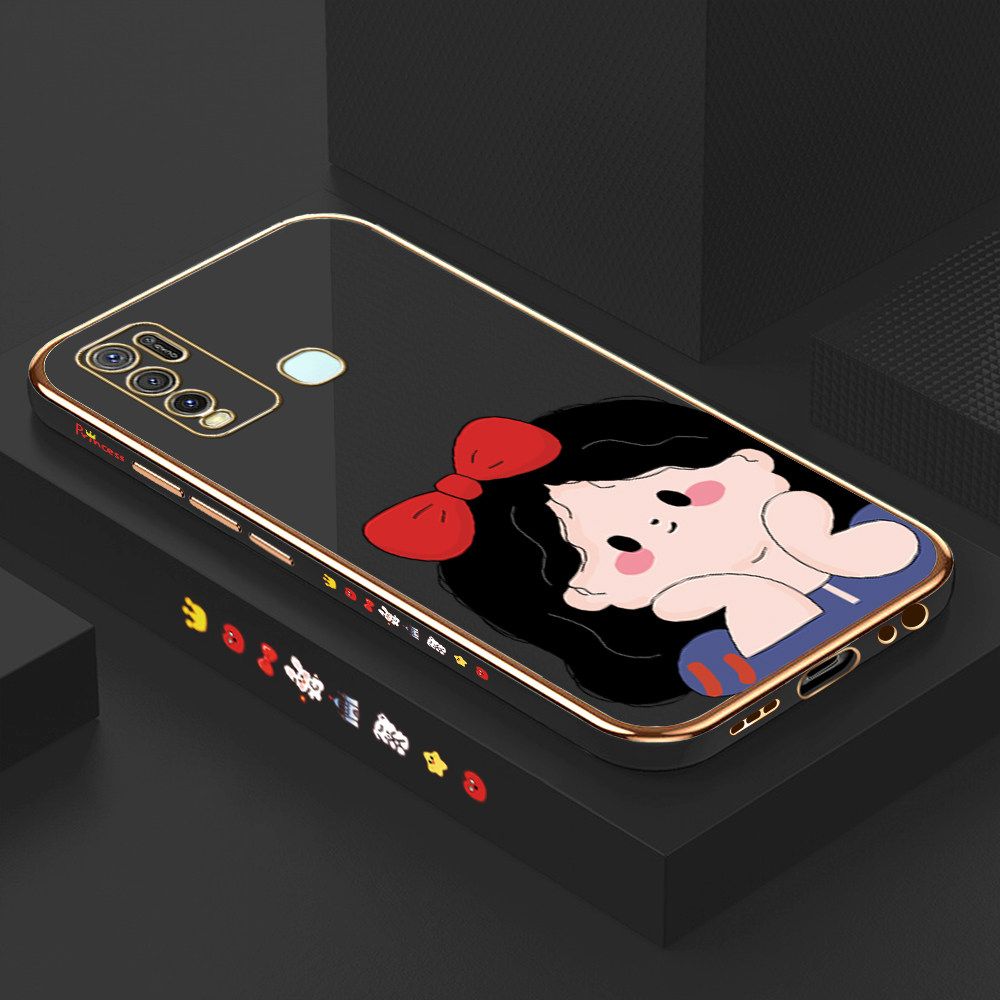 Luxury 6D Plating Soft Casing Silicone Square Frame Phone Case For Vivo Y30 Case Shiny Bling Back Cover Cartoon Cute Bow Girl Square Edge Pattern Design Soft Case + Free Lanyard