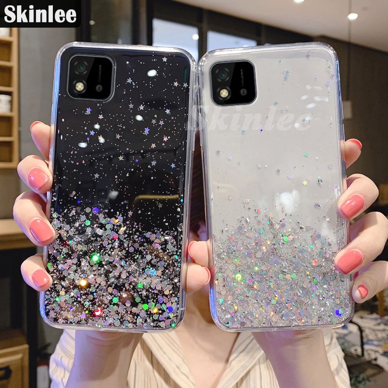 Skinlee For Realme C11 2021 Phone Case Full Stars Moon Glitter Bling Sequins Case for Realme C11 2021 Back Cover Phone Case Starry Sky Transparent Soft