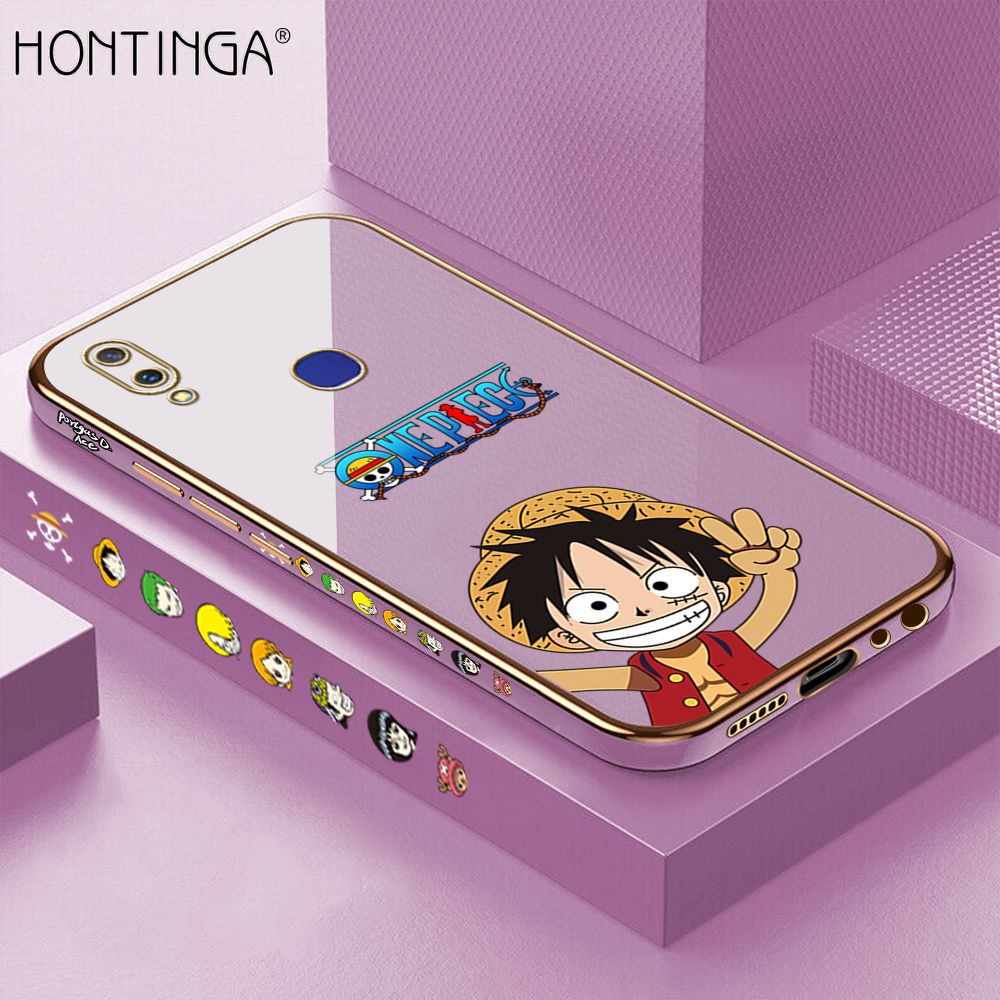 Hontinga for Vivo V11I Back Cover + Free Lanyard Luxury 6D Plating Anime Cartoon Happy Luffy Side Pattern Case Soft Silicone Square Mobile Cover