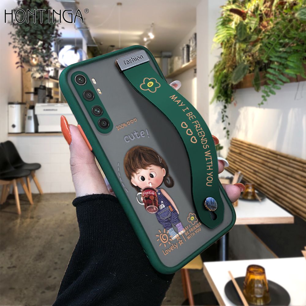 Hontinga for Xiaomi Mi Note 10 Lite Back Cover With Wristband Cola Girl Phone Casee Full Lens Protection Thin Frosted Cases