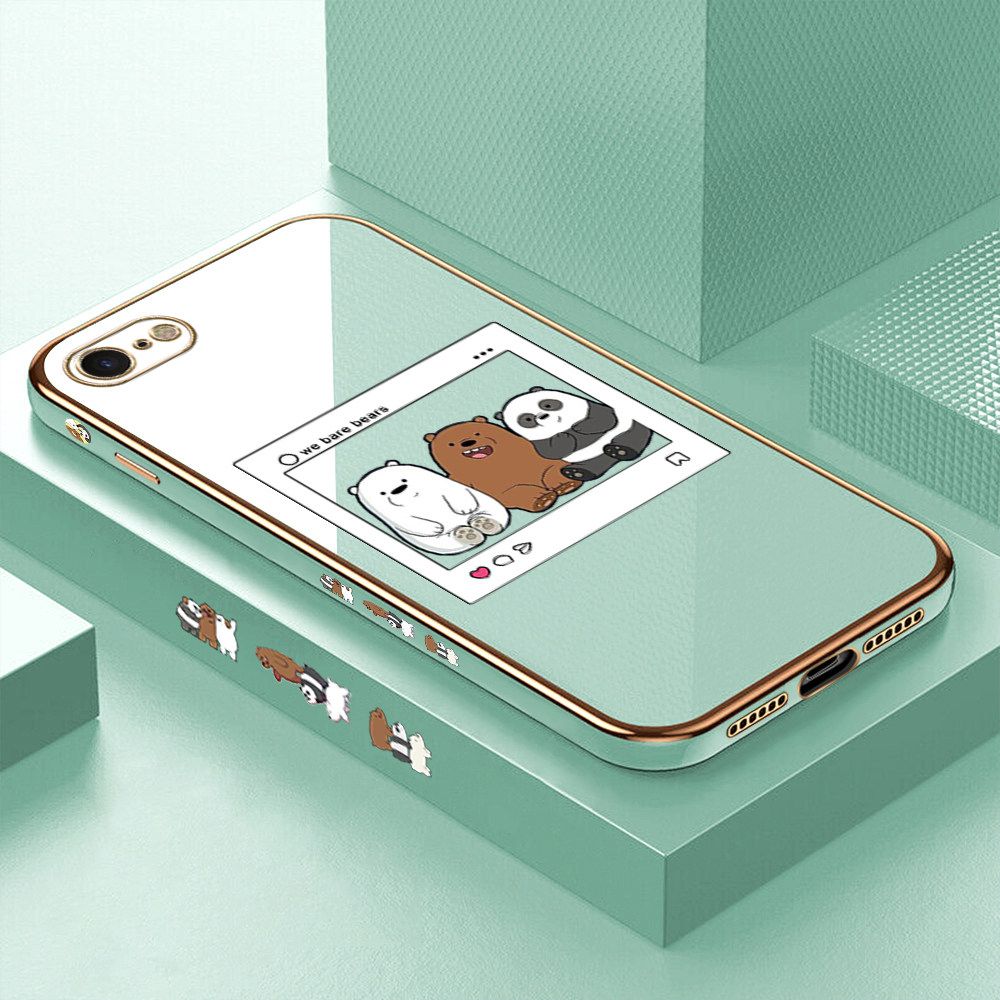 Luxury 6D Plating Case for iPhone 8 Cute Cartoon Anime Bears Side Pattern Back Cover Soft Silicone Square Frame Shiny Bling Phone Cases + Free Lanyard
