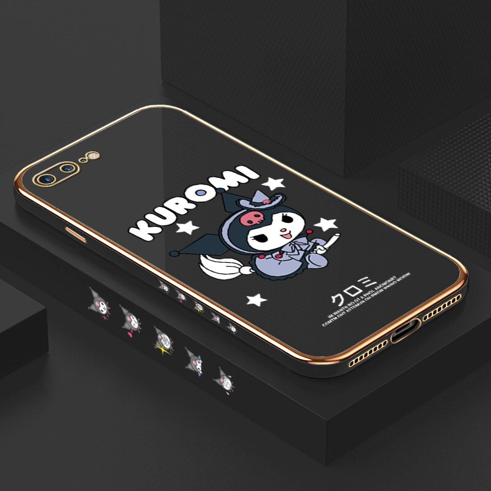 Luxury 6D Plating Soft Casing Silicone Square Frame Phone Case For iPhone 7 Plus Case Shiny Bling Back Cover Cartoon Anime Character Cute Square Edge Pattern Design Soft Case + Free Lanyard