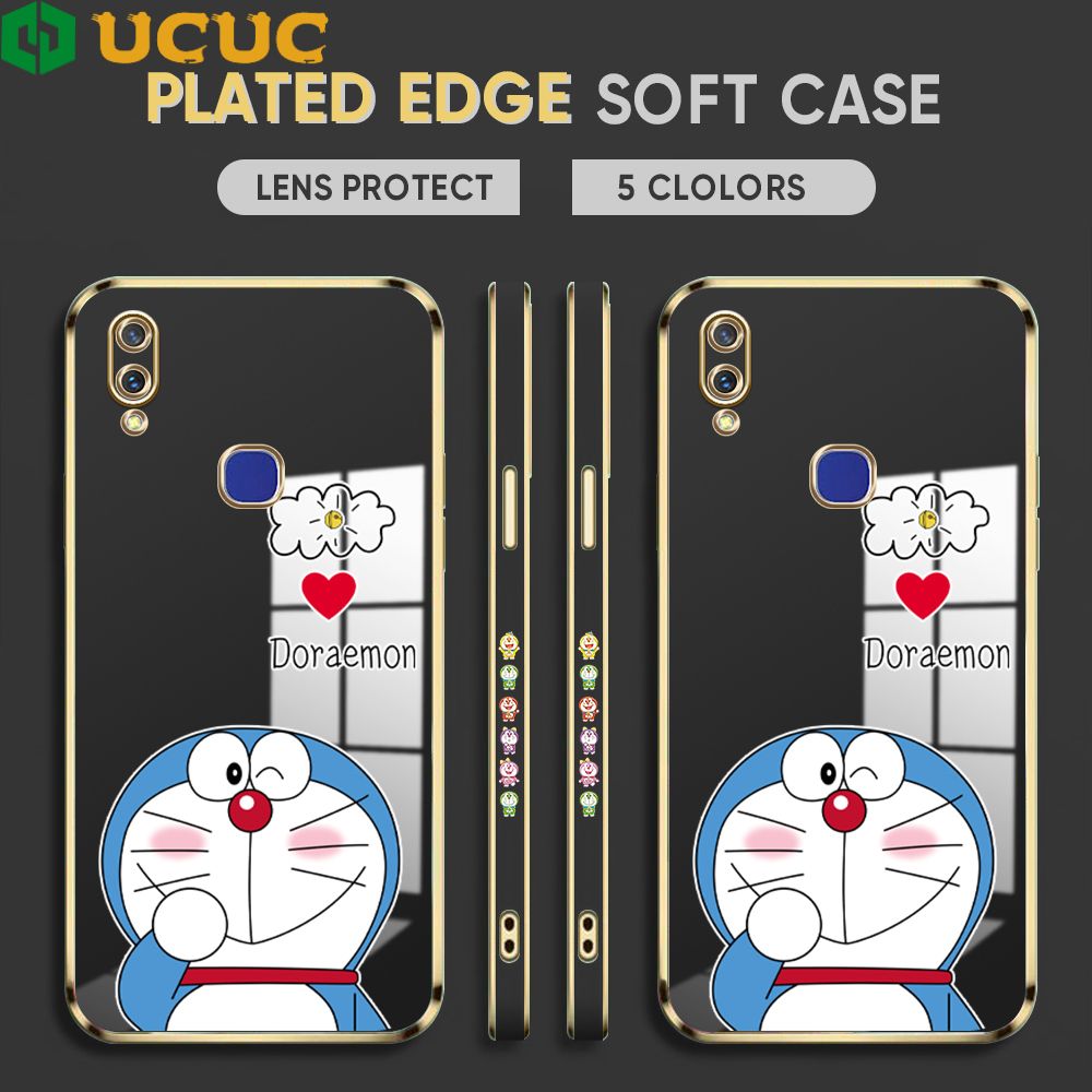 UCUC for Vivo V11i Z3 Z3i Back Cover + Free Lanyard Sneak Doraemon Luxury 6D Plating Case Side Pattern Soft Silicone Square Phone Cases