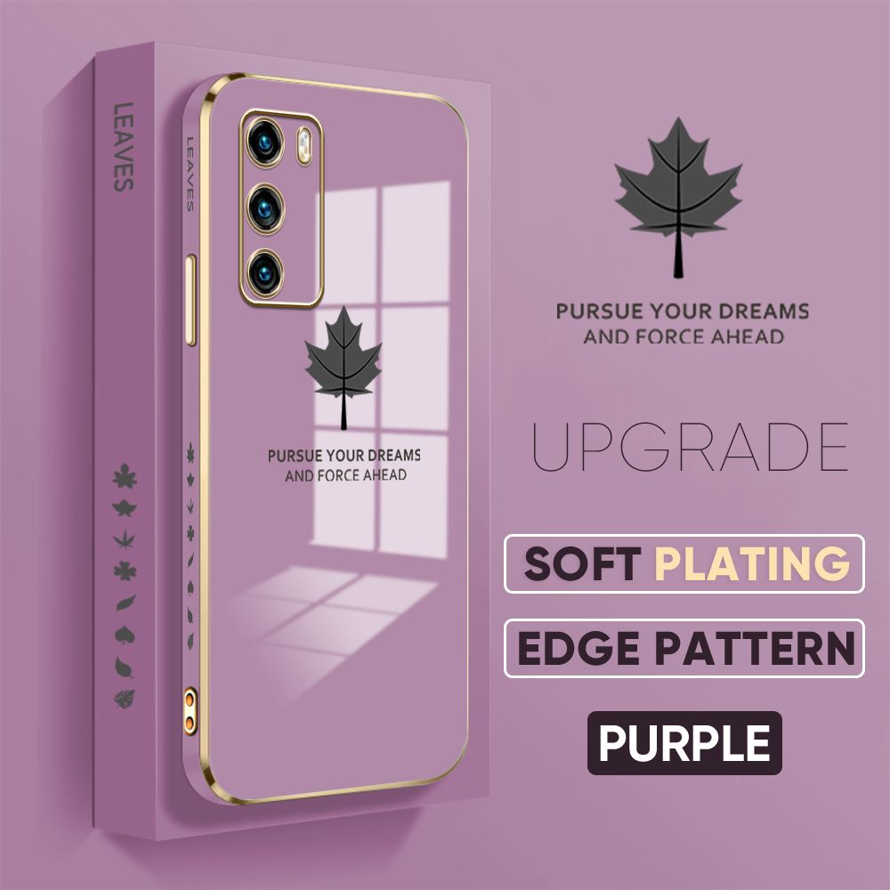 Jizetin (Free Lanyard) Huawei P40 Back Cover Maple Leaf Luxury 6D Plating Case Side Pattern Soft Silicone Square Phone Cases