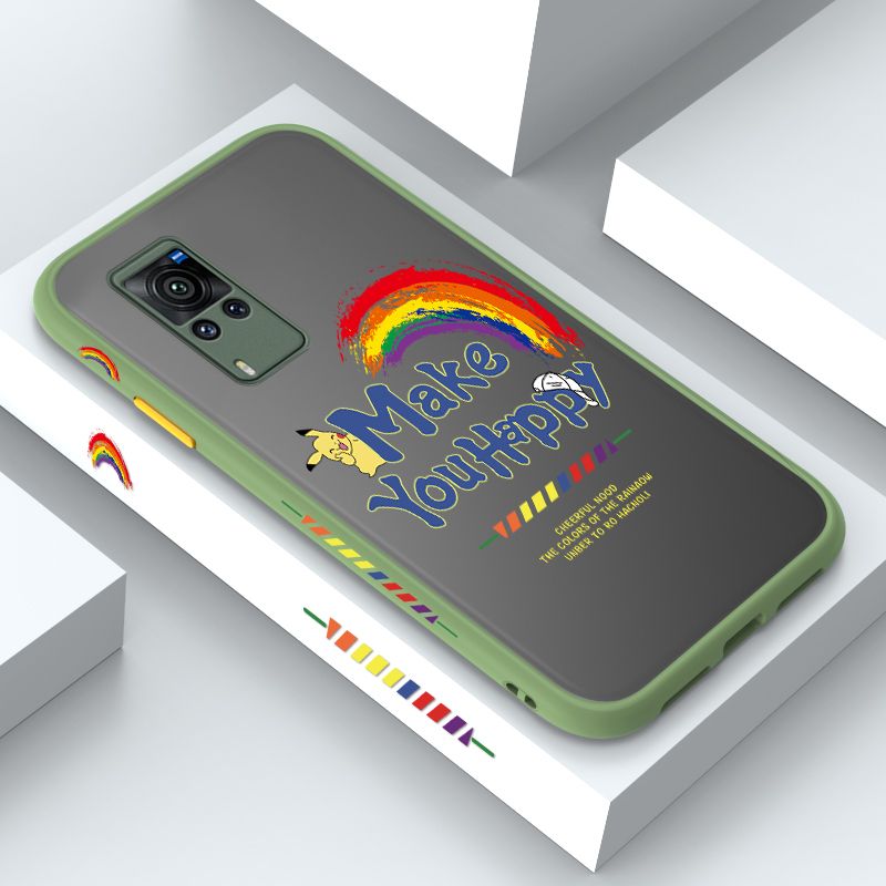 ZeroQiQi for Vivo X60 Pro Case Creative Cartoon Rainbow Pikachu Side Printing Cover Frosted Ultra Thin Protective Anti Fall Phone Case