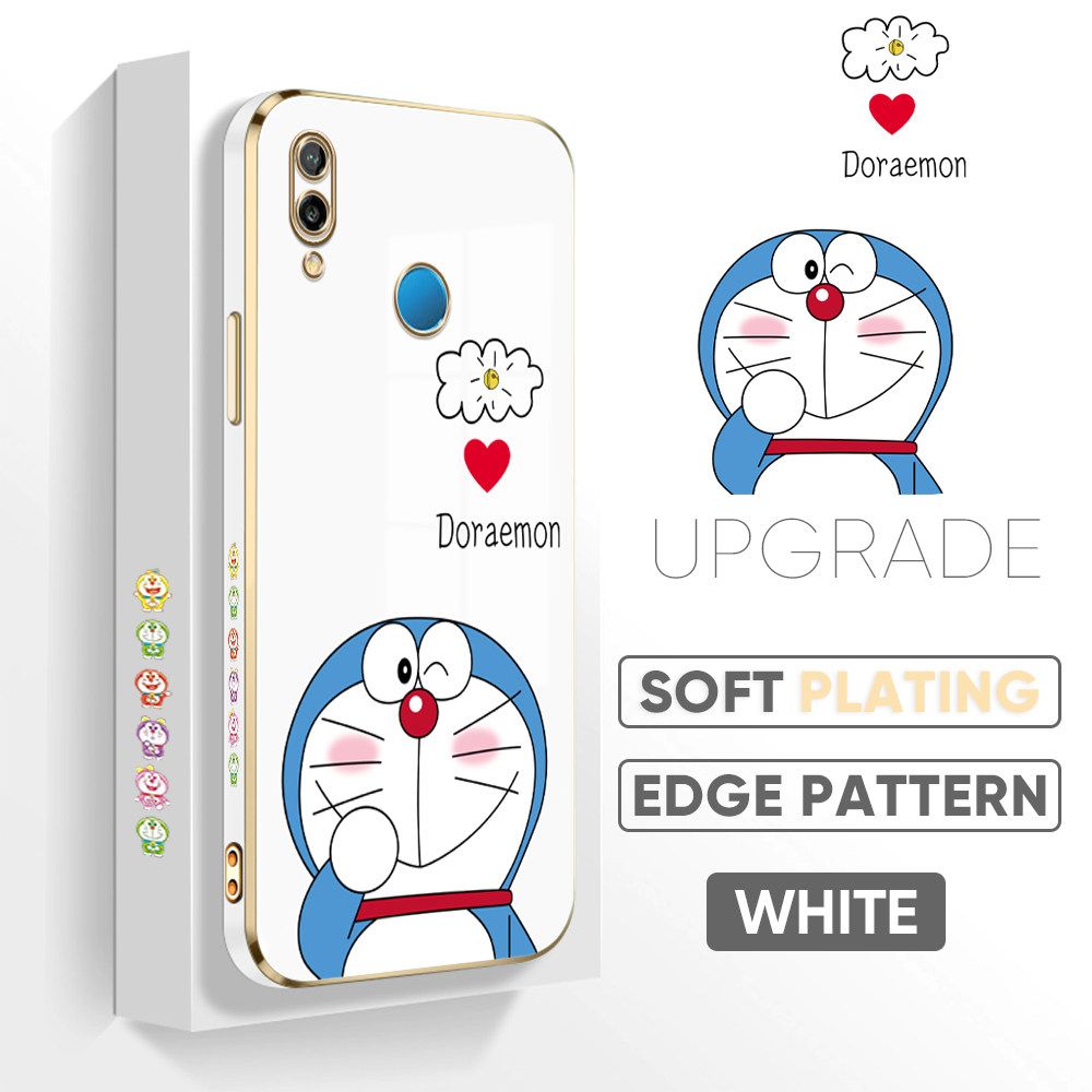 UCUC for Huawei Nova 3E / P20 Lite Back Cover + Free Lanyard Sneak Doraemon Luxury 6D Plating Case Side Pattern Soft Silicone Square Phone Cases