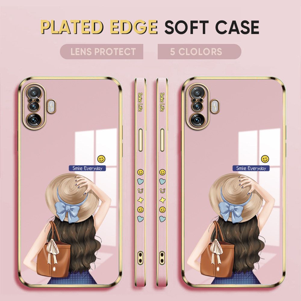 Luxury 6D Plating Case for Xiaomi Poco F3 GT / Redmi K40 Gaming Back Cover Cartoon Hat Girl Side Print Soft Silicone Square Phone Cases