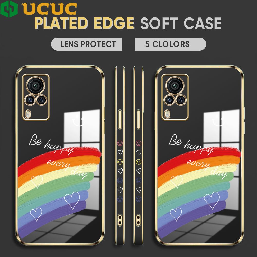 UCUC for Vivo X60 Pro Back Cover + Free Lanyard Rainbow Doodle Luxury 6D Plating Case Side Pattern Soft Silicone Square Phone Cases