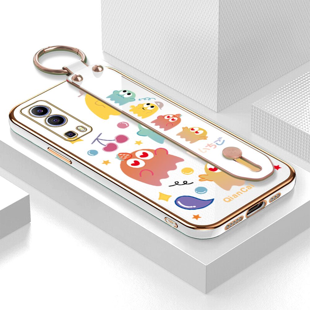 Jizetin for Vivo Y72 5G / Y52 5G Back Cover Bean Monster Luxury 6D Plating Wrist Strap Phone Cases Soft Silicone Square Mobile Phone Case