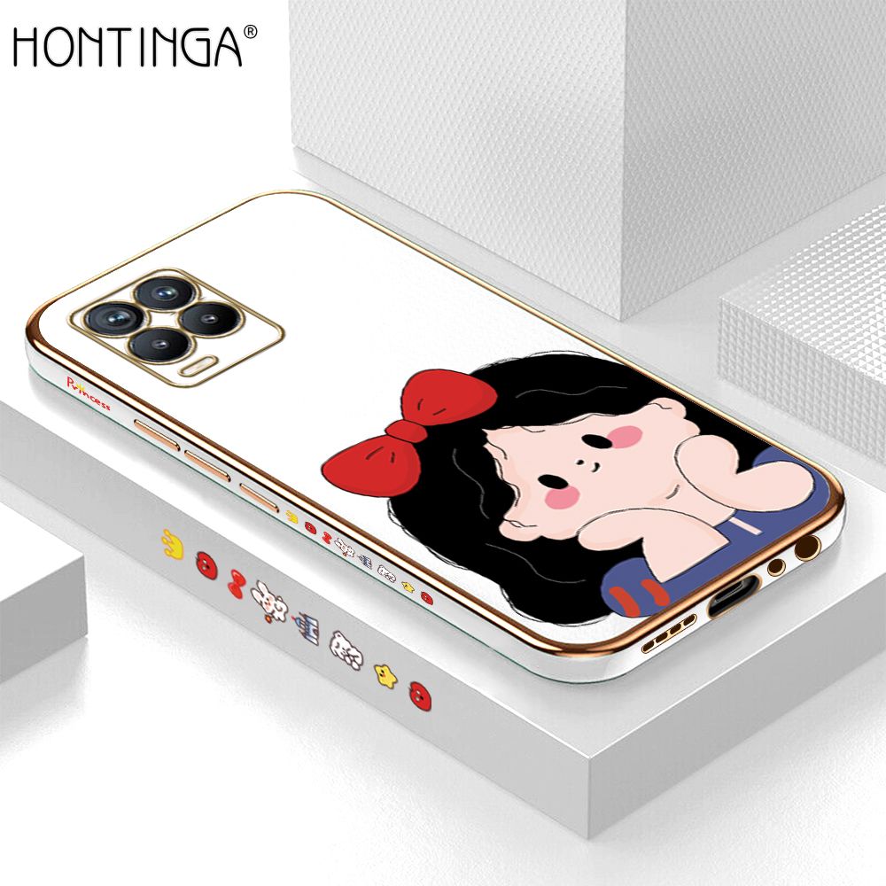 Hontinga for Realme 8 / 8 Pro Back Cover + Free Lanyard Luxury 6D Plating Cute Bow Girl Side Pattern Case Soft Silicone Square Mobile Cover