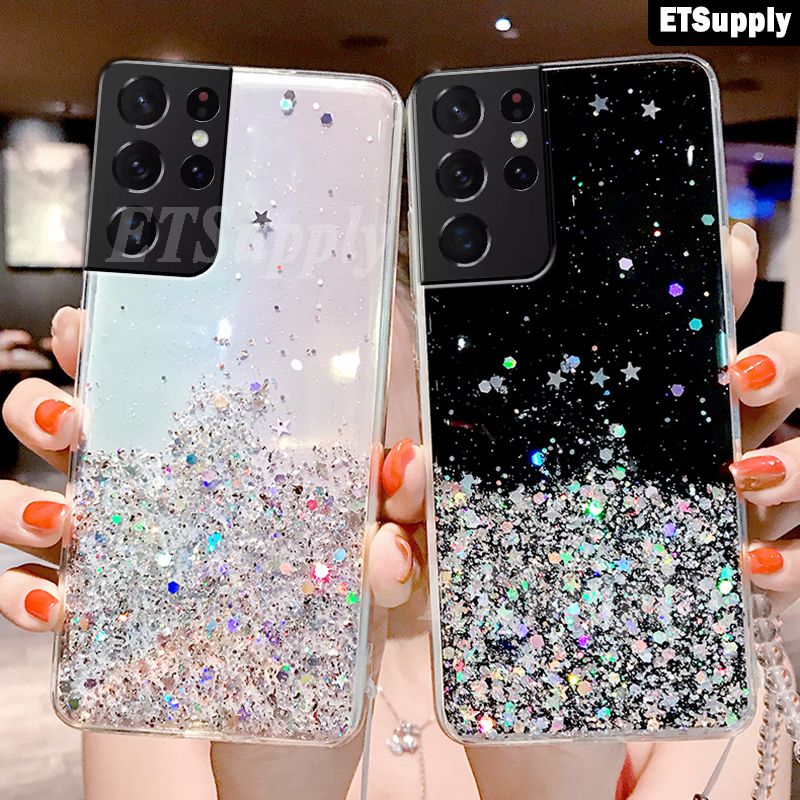 ETSupply for Samsung Galaxy S22 Ultra Glitter Bling Sequins Cases for Galaxy S22 Ultra Galaxy S22 Phone Case Starry Sky Transparent Soft Cover Full Stars Moon