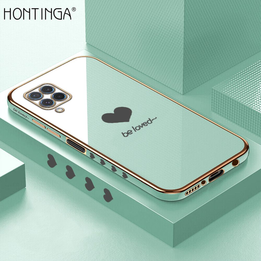Hontinga for Samsung M62 F62 Case + Free Lanyard Luxury 6D Plating Lover Heart Side Pattern Soft Back Cover Silicone Square Phone Cases