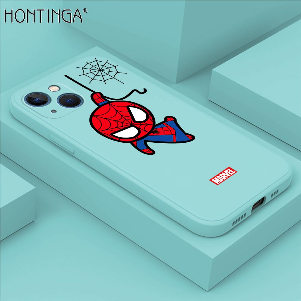 Hontinga for iPhone 13 Case Cute Marvel Avengers Cartoon Spiderman Spider Man Phone Case Square Edge Silicone Cases Full Lens Cover Shockproof Protection Case