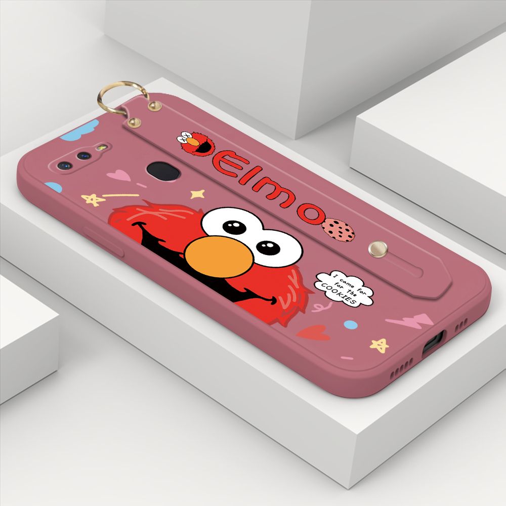ZeroQiQi for OPPO F9 Wrist Strap Case Cute Cute Cartoon Little Monster Phone Cover Square Edge Liquid Silicone Case Full Cover Camera Shockproof Protective Cases