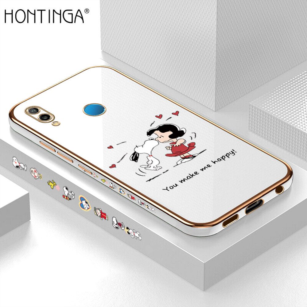 Hontinga for Huawei Nova 3E Case Luxury 6D Plating Soft Casing Silicone Square Frame Phone Cases Shiny Bling Side Print Happy Puppy and Girl Phone Cover