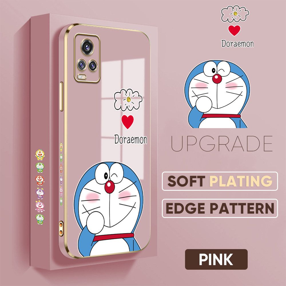 UCUC for Vivo V20 Pro Back Cover + Free Lanyard Sneak Doraemon Luxury 6D Plating Case Side Pattern Soft Silicone Square Phone Cases