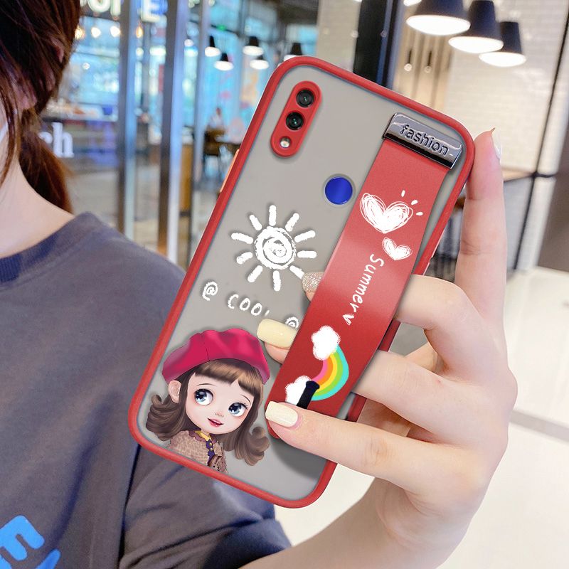 UCUC for Xiaomi Redmi Note 7 Wrist Strap Case Lovely Cartoon Red Hat Girl Wristband Printing Cover Shockproof Frosted Phone Case