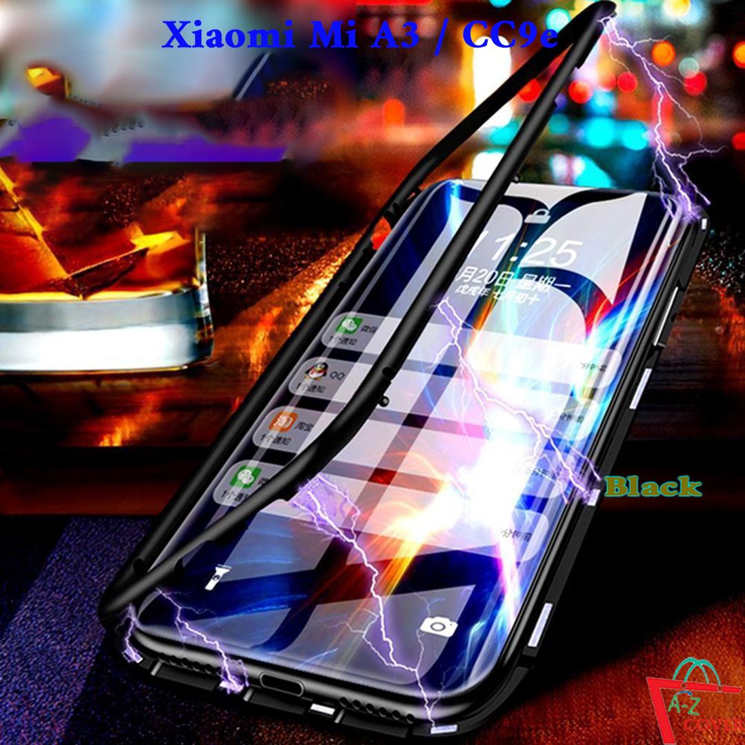 For Xiaomi Mi A3 / CC9e ( NO FRONT GLASS ) 360 Magnetic Adsorption Metal Bumper Slim Tempered Glass Cover 2 in 1 Back Cover - Black