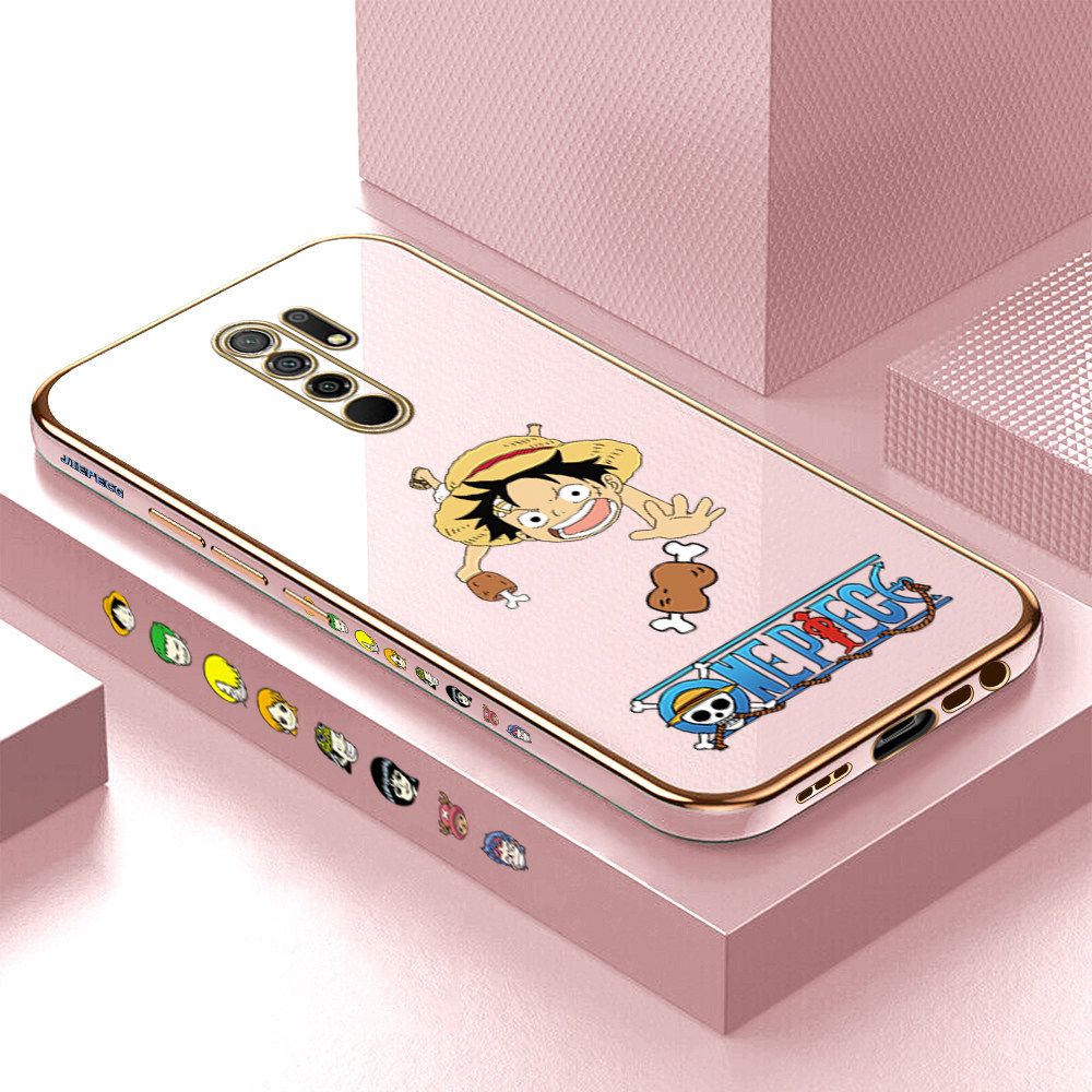 Luxury 6D Plating Case for Redmi 9 Gluttonous Cartoon Luffy Side Pattern Back Cover Soft Silicone Square Frame Shiny Bling Phone Cases + Free Lanyard