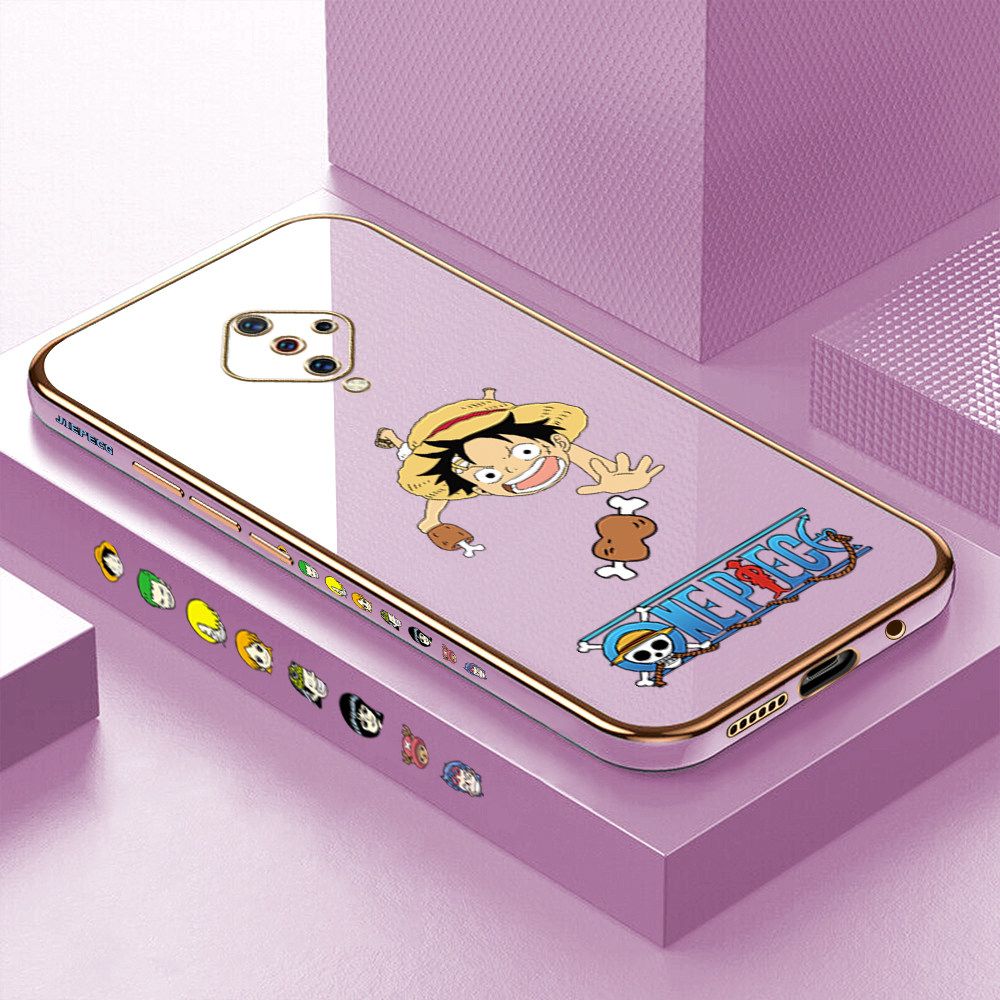 Luxury 6D Plating Case for Vivo S1 Pro Gluttonous Cartoon Luffy Side Pattern Back Cover Soft Silicone Square Frame Shiny Bling Phone Cases + Free Lanyard