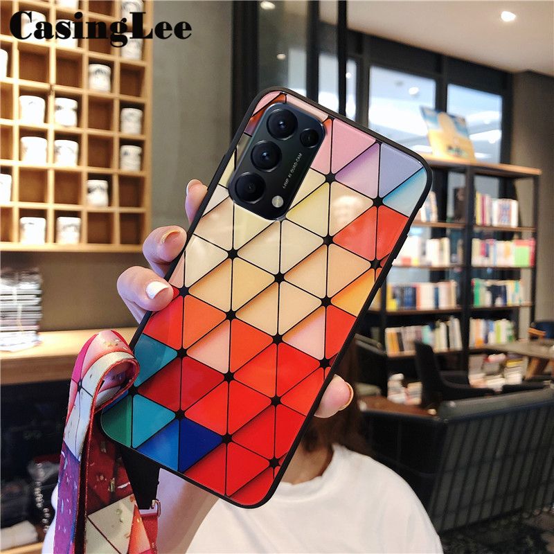 Protect Cover For OPPO Reno 5 Pro case Shiny Gold Foil soft Phone case with Strap for Reno5 Pro Back Cover Rhombus geometry Design