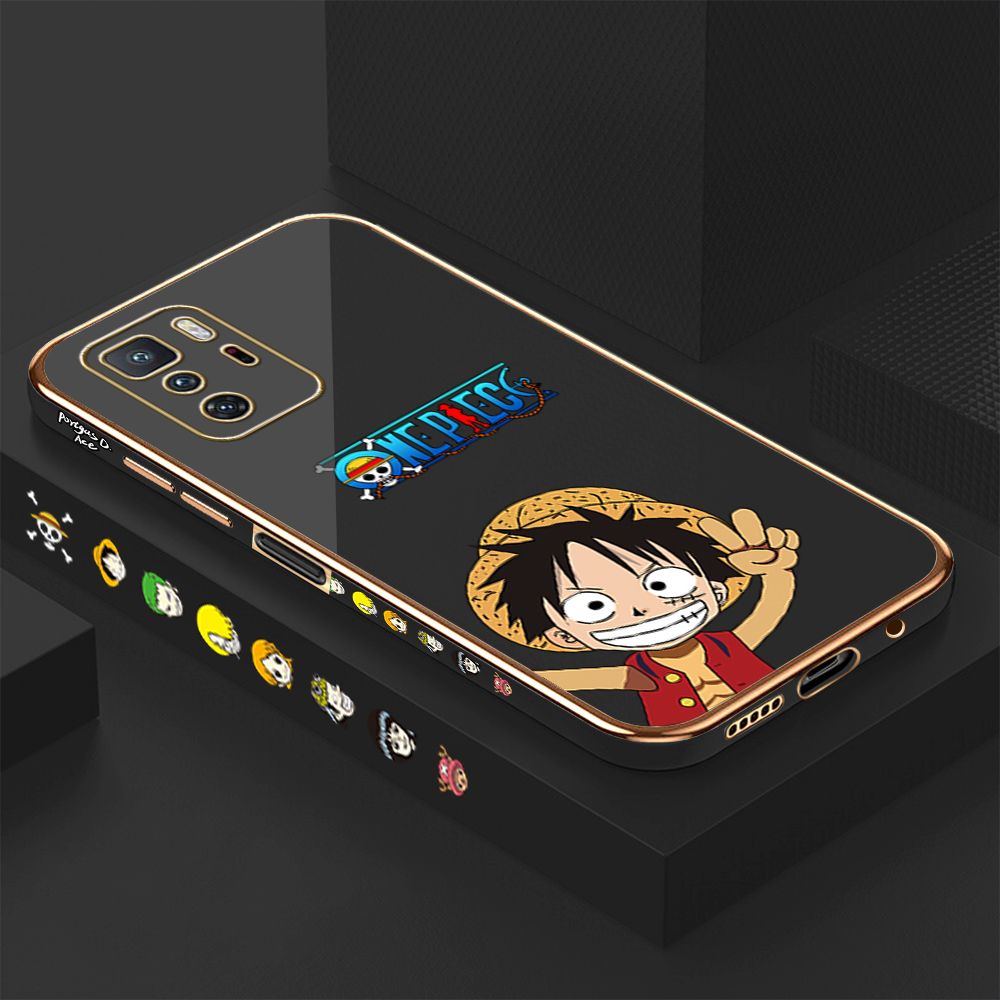Luxury 6D Plating Case for Xiaomi Poco X3 GT Happy Luffy Side Pattern Back Cover Soft Silicone Square Phone Cases + Free Lanyard