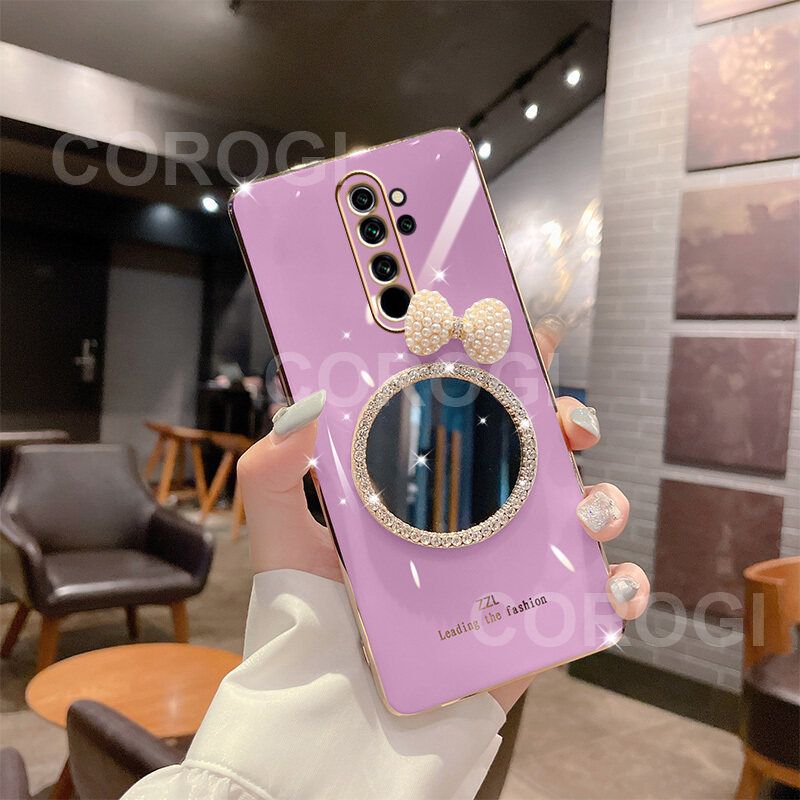 For Xiaomi Redmi Note 8 Pro Back Cover + Bowknot Makeup Mirror Fashion Shiny Plating Square Bumper Bling Girls Phone Case Soft TPU Silicone Shockproof Back Cover