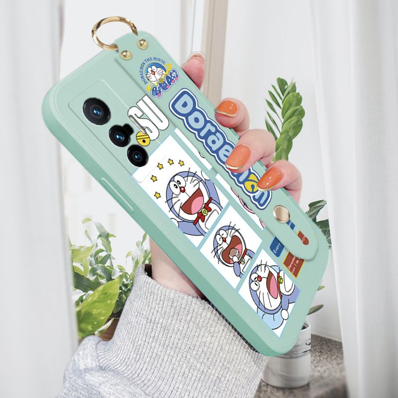 ZeroQiQi for Vivo X70 5G Wrist Strap Case Cute Cute Cartoon Blue Cat Daily Life Cover Square Edge Liquid Silicone Creative Phone Protective Cases