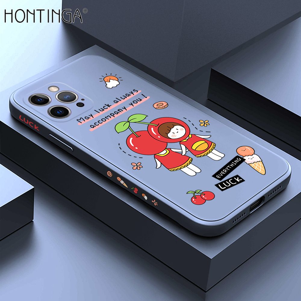 Hontinga for iPhone 12 Pro Case Side Design Cute Cherry Girl Back Cover Soft Square Edge Pattern Liquid Silicone Trend Phone Cases