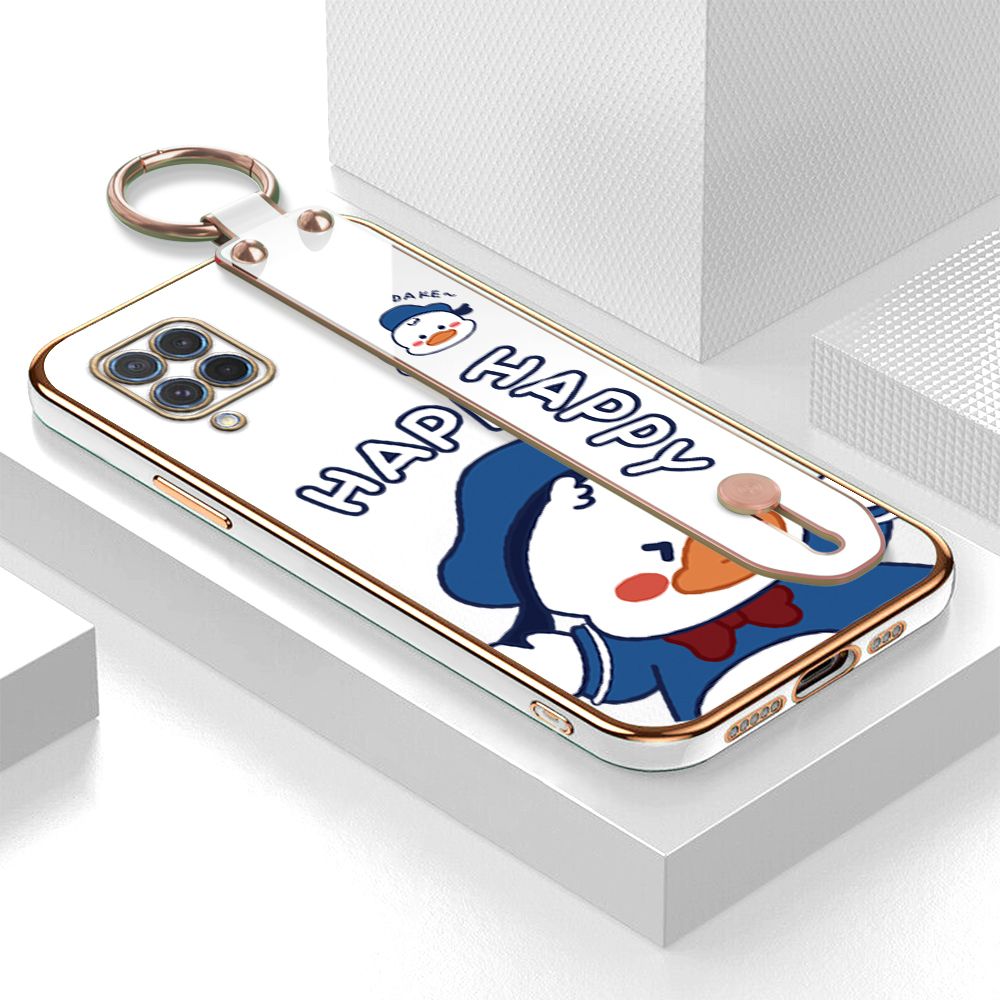 TA for Samsung M62 / F62 Wrist Strap Back Cover Cute Duck Fashion Luxury 6D Plating Soft Casing Silicone Square Frame Phone Case