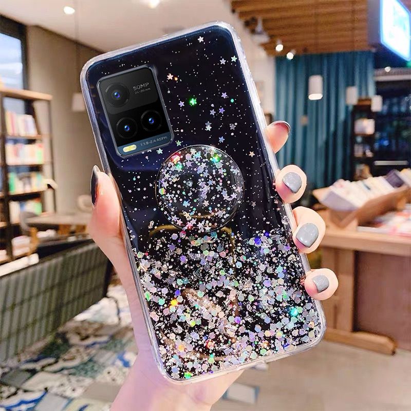 Phone case Vivo Y33S Back cover Shiny Ring Glitter Soft Transparent Holder Stand Back cover with String Glitter Space Stars Moon Vivo Y33S case
