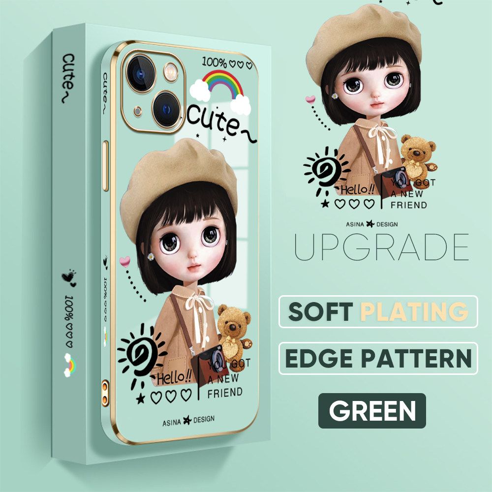 TA for iPhone 13 Back Cover + Free Lanyard Satchel Girl Luxury 6D Plating Case Side Pattern Soft Silicone Square Phone Cases