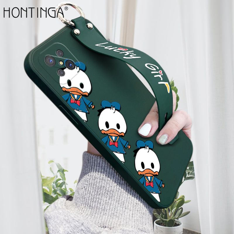 Hontinga for OPPO Reno4 Z 5G Wrist Strap Case Cute Cartoon Little Duck Phone Case Square Edge Liquid Silicone Case Full Cover Camera Shockproof Protective Cases