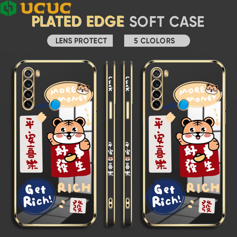 UCUC for Redmi Note 8 Back Cover + Free Lanyard Auspicious Luxury 6D Plating Case Side Pattern Soft Silicone Square Mobile Phone Cases