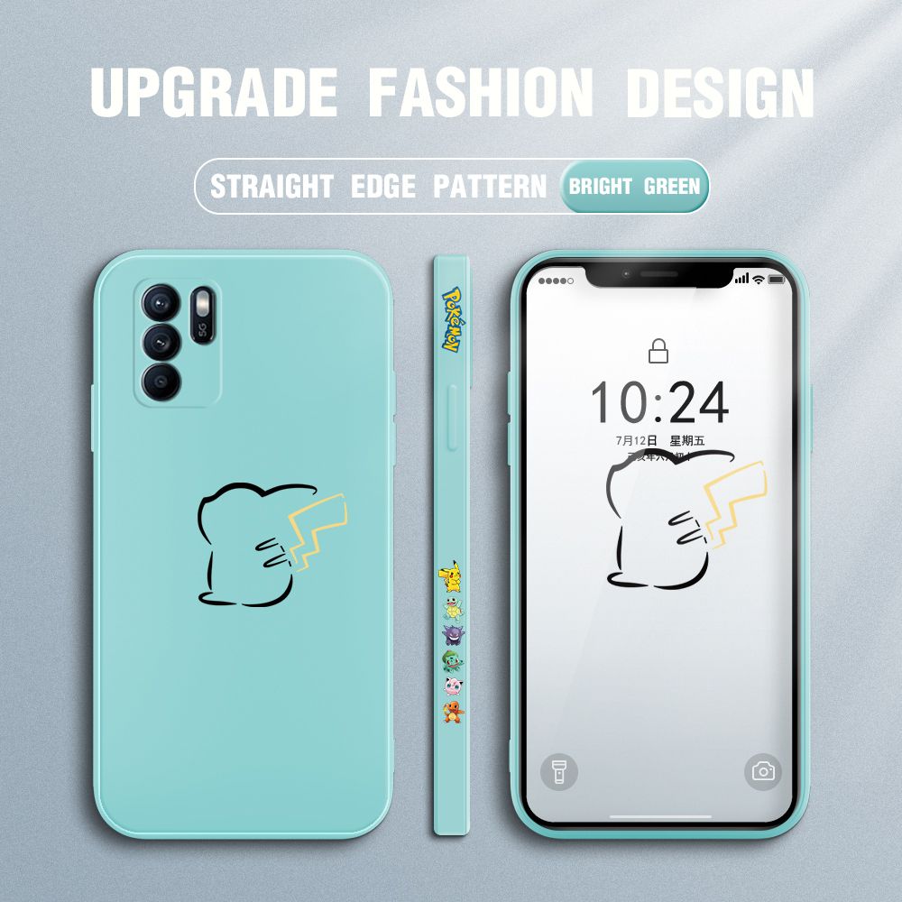 Jizetin for OPPO Reno6 Z 5G Case New Pikachu Pokémon Design Side Design Phone Case Square Edge Pattern Liquid Silicone Cases Full Cover Camera Soft Protection Case