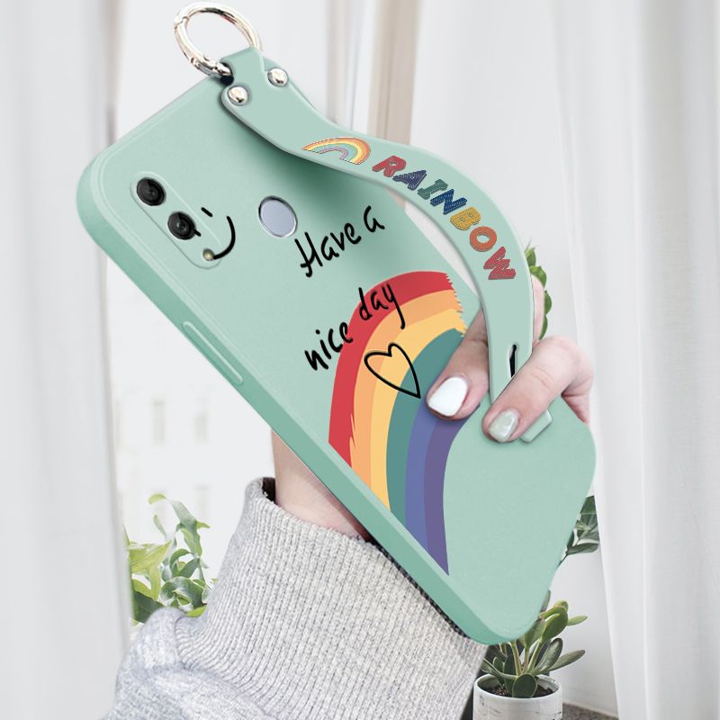 Hontinga for Honor 10 Lite Wrist Strap Case Lovely Graffiti Rainbow Smile Thin Phone Cover Square Edge Liquid Silicone Creativity Phone Case