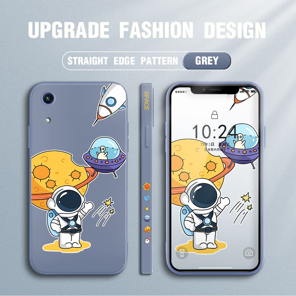 Jizetin for Huawei Y6 Pro 2019 Case Side Design Phone Cover Moon Space Astronaut Cover Square Edge Pattern Liquid Silicone Trend Case