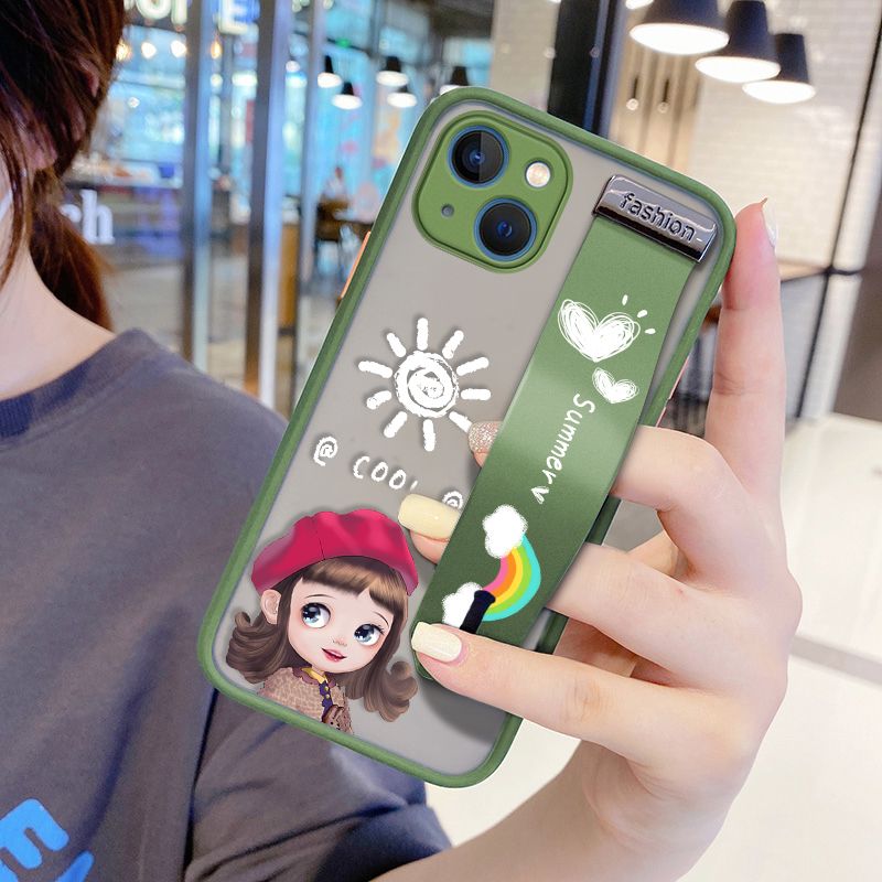 UCUC for iPhone 13 Wrist Strap Case Lovely Cartoon Red Hat Girl Wristband Printing Cover Shockproof Frosted Phone Case