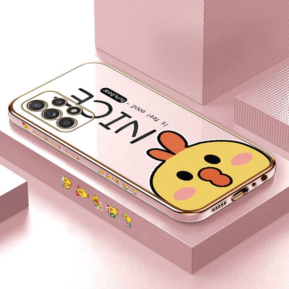 Luxury 6D Plating Case for Samsung A52S 5G Cartoon Cute Doodle Chicken Side Pattern Back Cover Soft Silicone Square Phone Cases + Free Lanyard