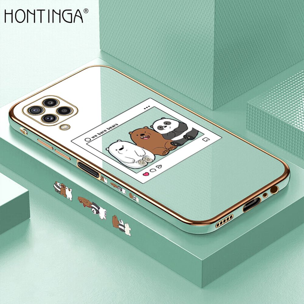 Hontinga for Samsung M32 Back Cover + Free Lanyard Luxury 6D Plating Photo three bears Side Pattern Case Soft Silicone Square Mobile Cover